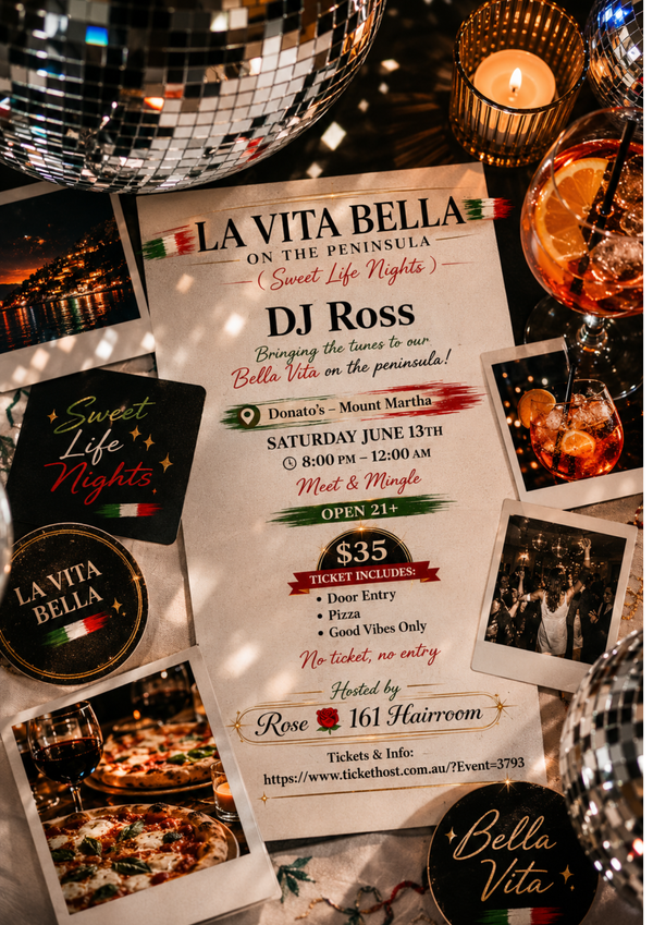 Promotional flyer for 'La Vita Bella' event with disco ball, candles, and photos of food and people.